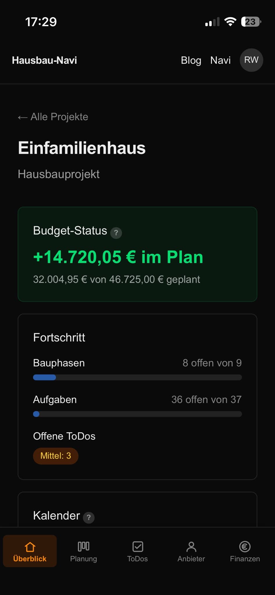 Überblick-Seite von Hausbau-Navi auf dem iPhone: Budget-Status, Fortschritt und Kalender
